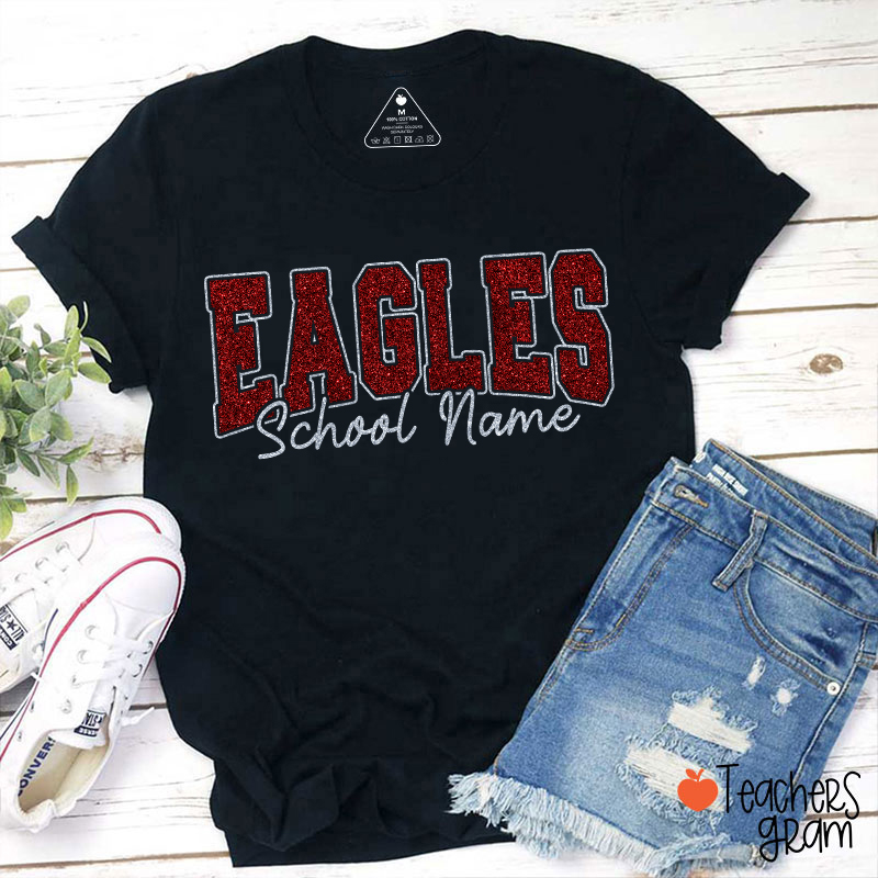 Personalized Mascot School Name Glitter Teacher T‑Shirt