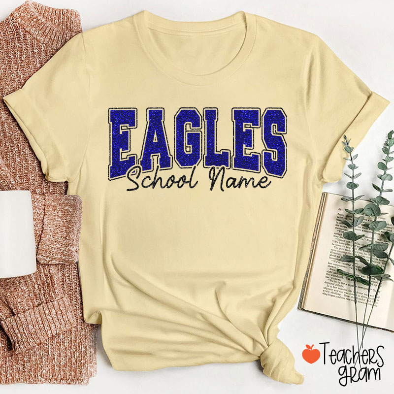 Personalized Mascot School Name Glitter Teacher T‑Shirt