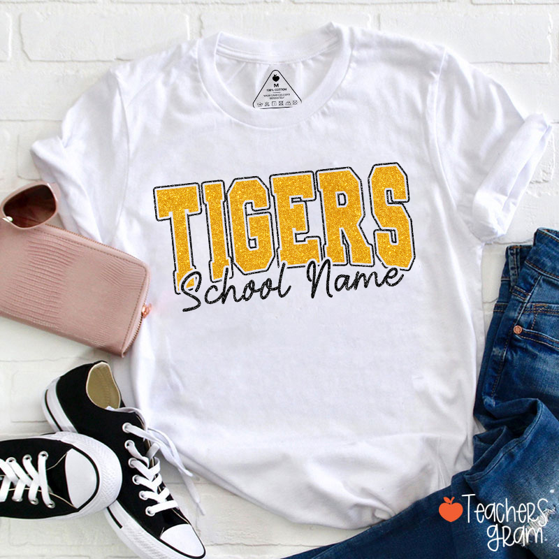 Personalized Mascot School Name Glitter Teacher T‑Shirt