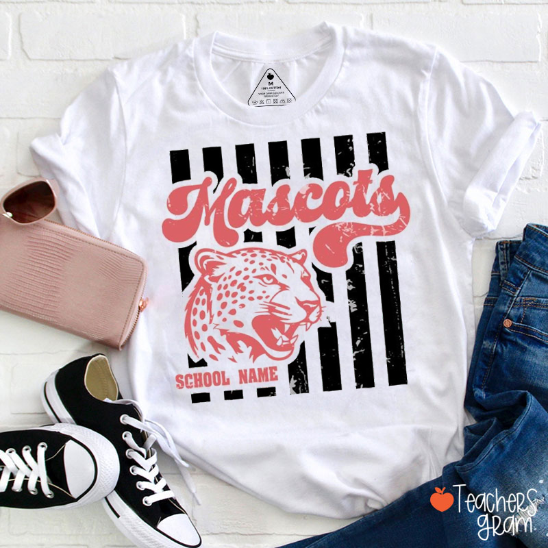 Personalized School Name Leopard Mascot Stripe Teacher T-Shirt