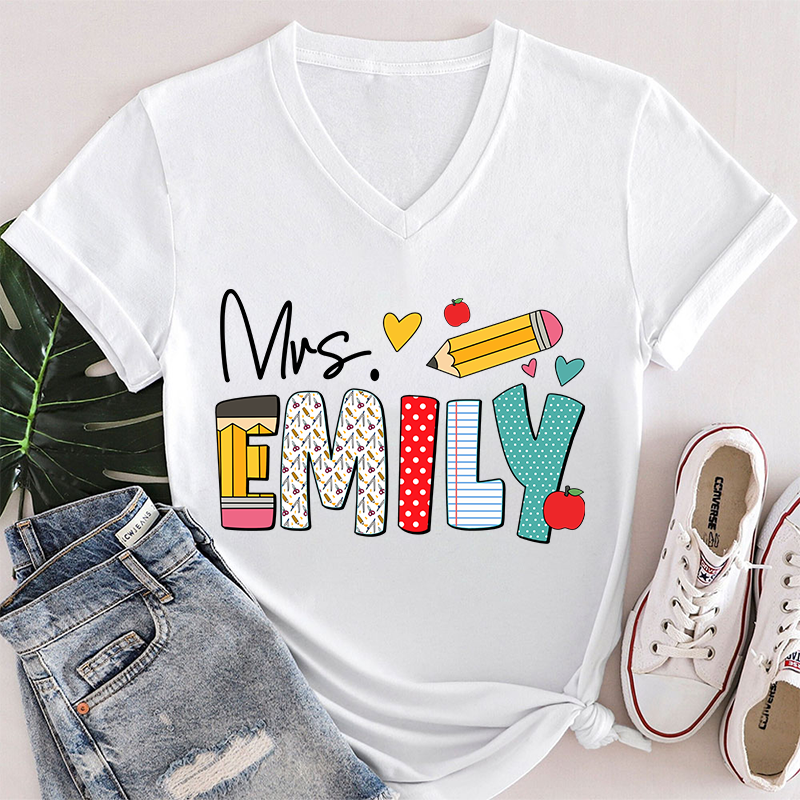 Personalized Teacher's Name Cute Pencil Icon Teacher Female V-Neck T-Shirt