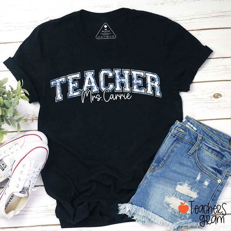 Personalized Name Blue And White Porcelain Teacher T-Shirt