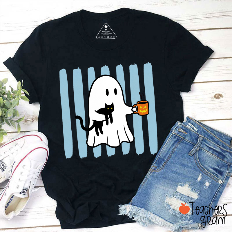 Cute Ghost Holding Black Cat Pumpkin Coffee Cup Striped Graphic Teacher T‑Shirt