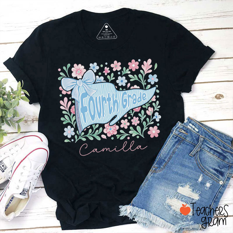 Personalized Grade Floral Pennant Flag Teacher T-Shirt