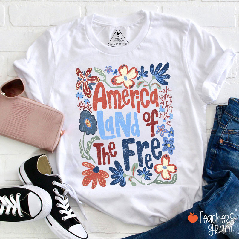 Retro Floral America Land Of The Free Teacher T-Shirt