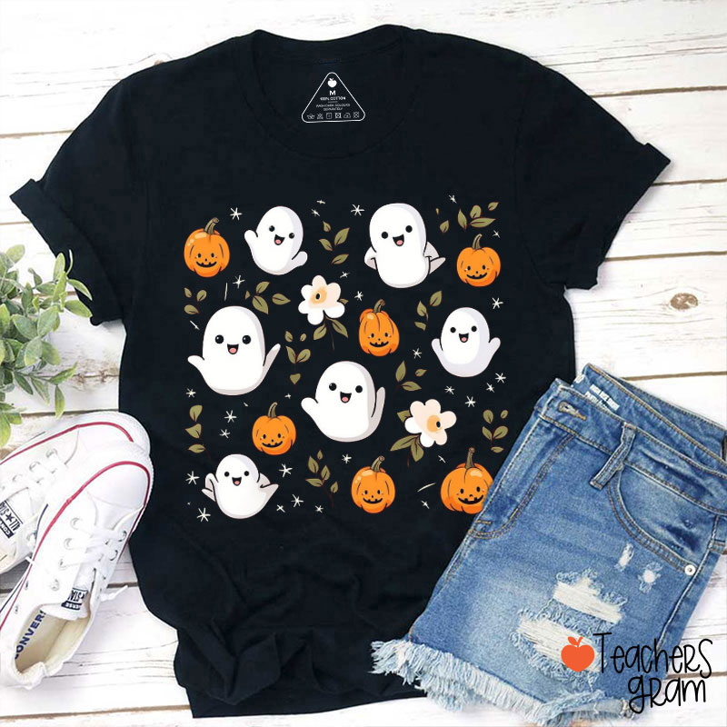 Flower Pumpkin And Ghost Teacher T-Shirt