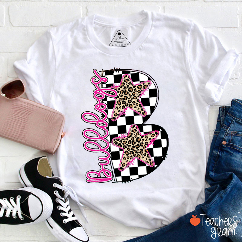 Personalized Mascot Checkered Star Leopard Teacher T-Shirt