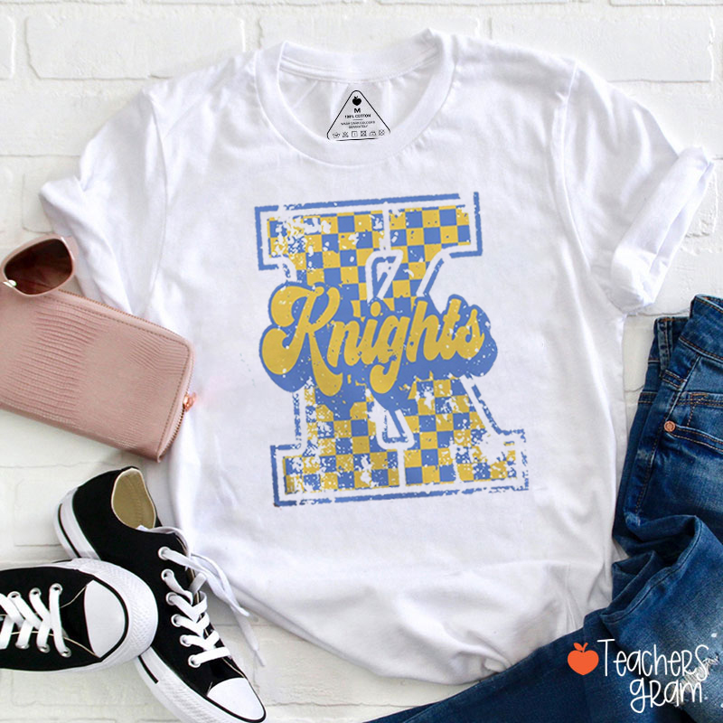 Personalized Mascot Checkered Distressed Large Letter Graphic Teacher T‑Shirt