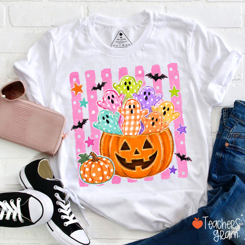 Colorful Ghosts In Pumpkin Halloween Teacher T‑Shirt