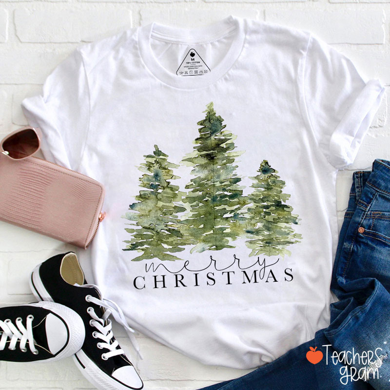 Merry Christmas Green Tree Teacher T-Shirt
