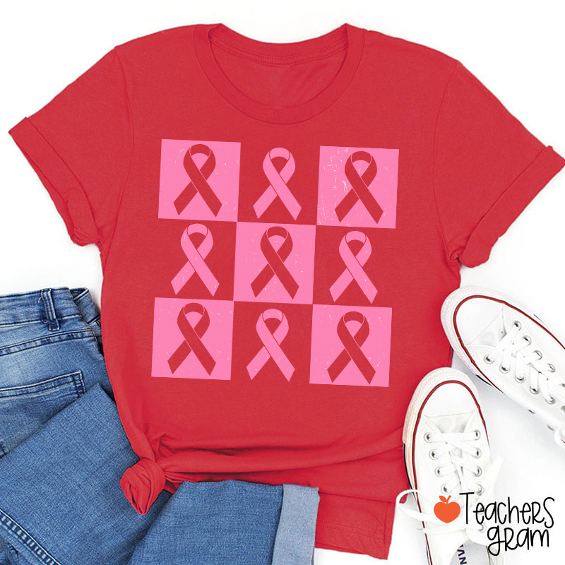 Pink Ribbon Breast Cancer Awareness Teacher T-Shirt