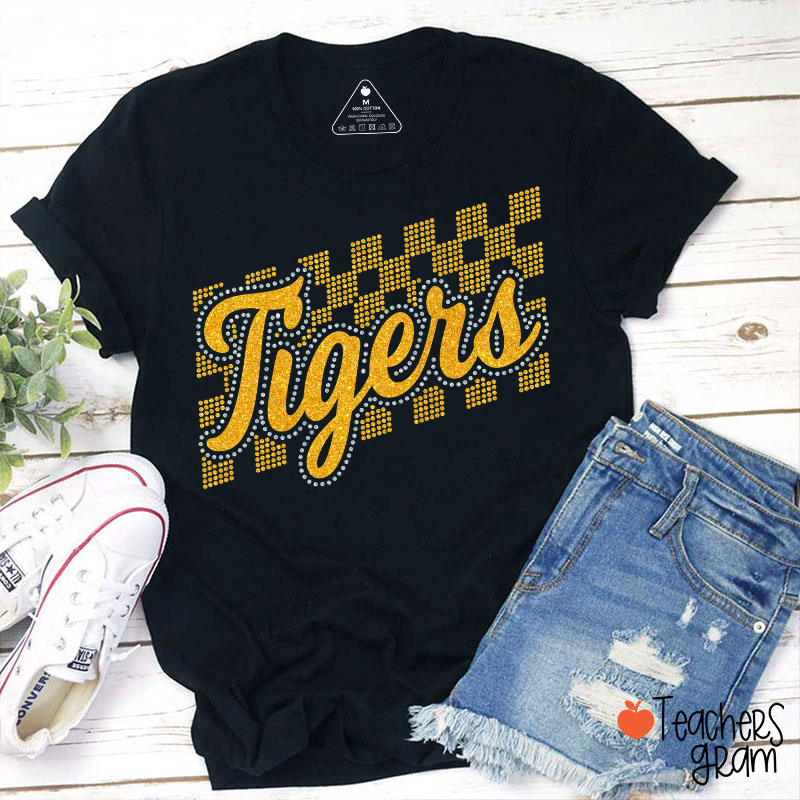Personalized Mascot Glitter Checkered Script Teacher T‑Shirt