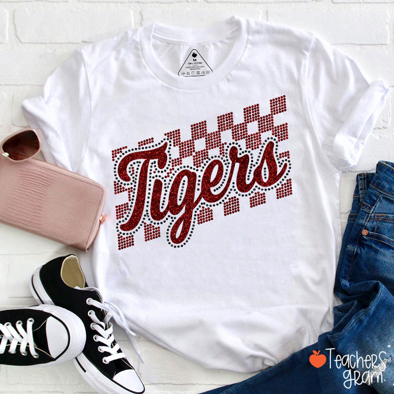 Personalized Mascot Glitter Checkered Script Teacher T‑Shirt