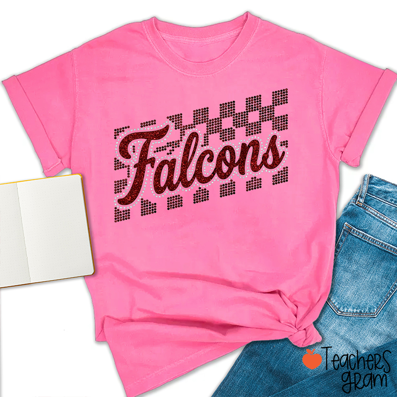 Personalized Mascot Glitter Checkered Script Teacher T‑Shirt