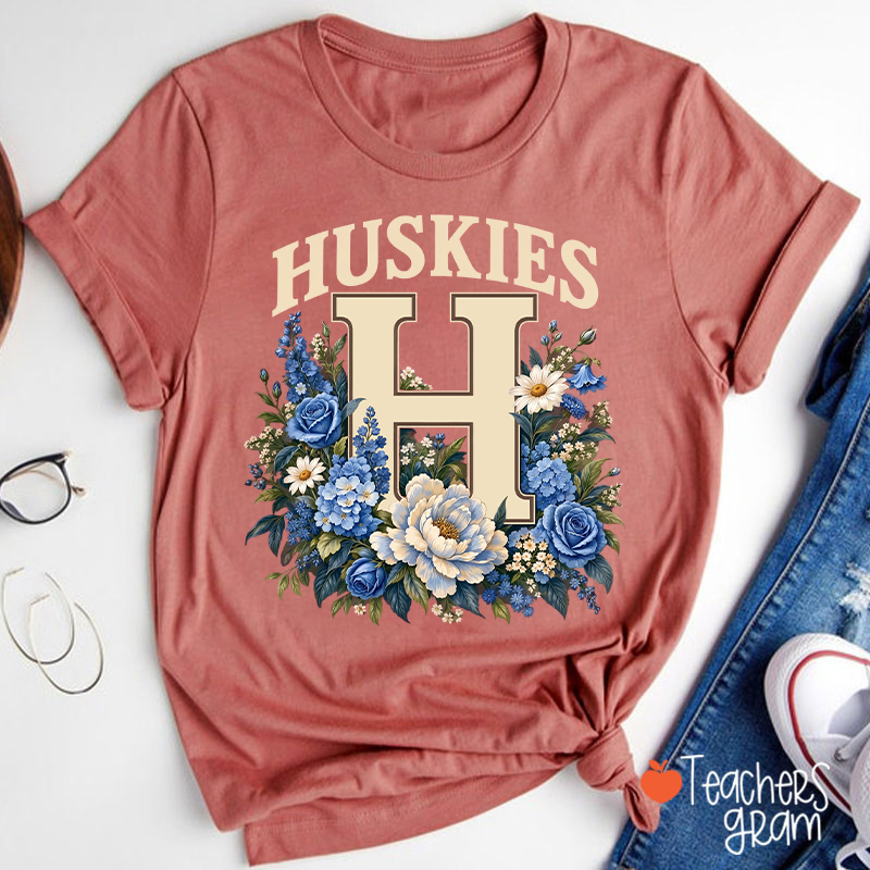 Personalized Retro Floral Large Initial Letter College Team Mascot Print Teacher T‑Shirt