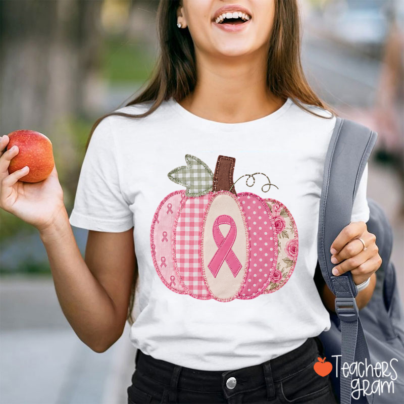 Pink Faux Patchwork Pumpkin Ribbon Teacher T‑Shirt