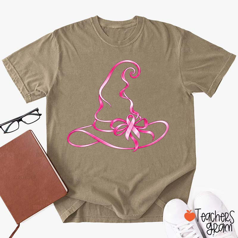 Halloween Witch Hat Pink Ribbon Breast Cancer Support Teacher T‑Shirt