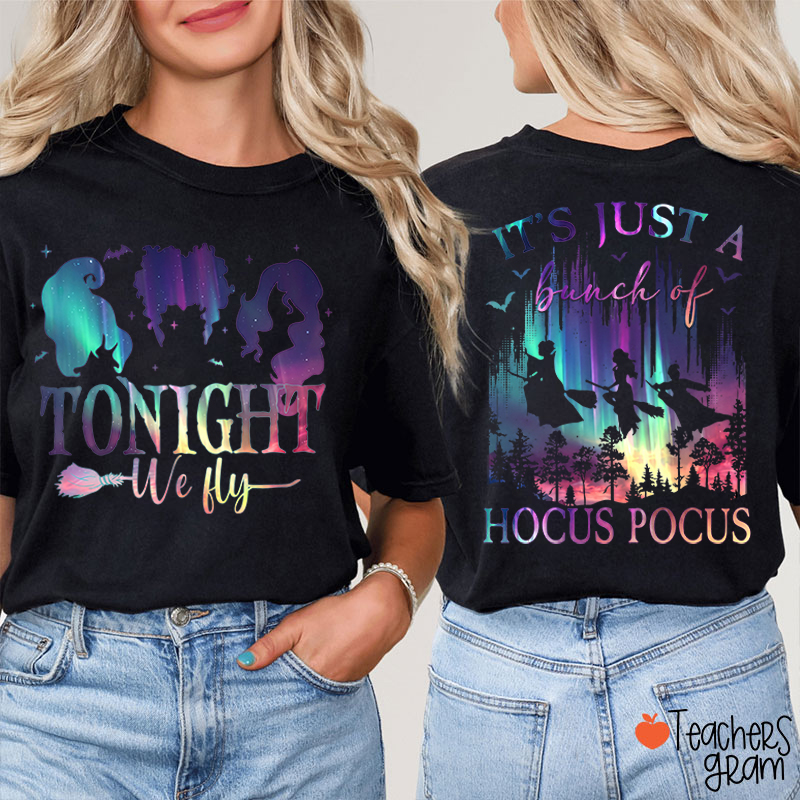 Tonight We Fly Witch Silhouette Broom Bat Teacher Two Sided T‑Shirt
