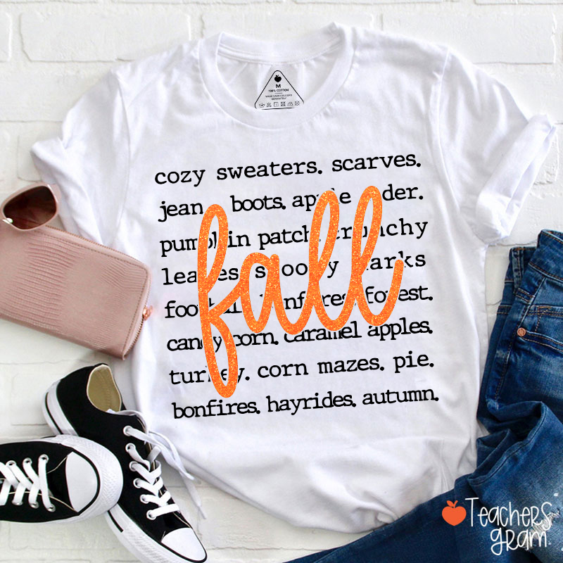 Glitter Fall Autumn Word List Teacher T‑Shirt