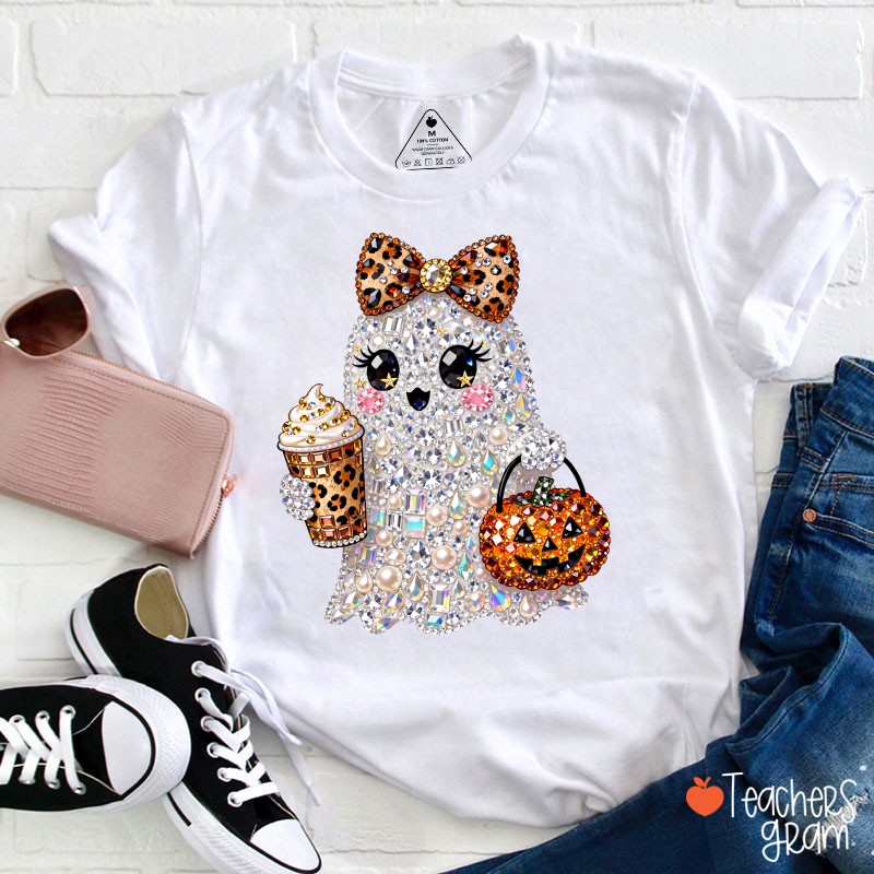 Faux Rhinestone Ghost Leopard Bow Coffee Pumpkin Teacher T-Shirt