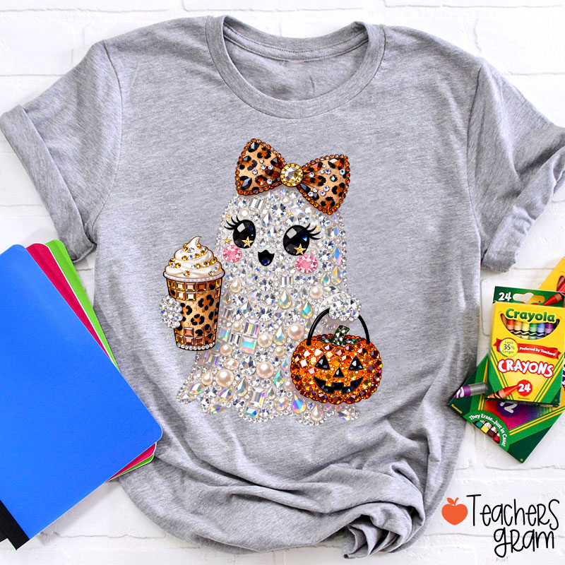 Faux Rhinestone Ghost Leopard Bow Coffee Pumpkin Teacher T-Shirt