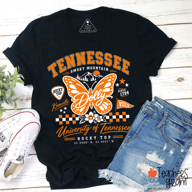 Tennessee Smoky Mountain Orange Butterfly Checker Floral Teacher T-Shirt