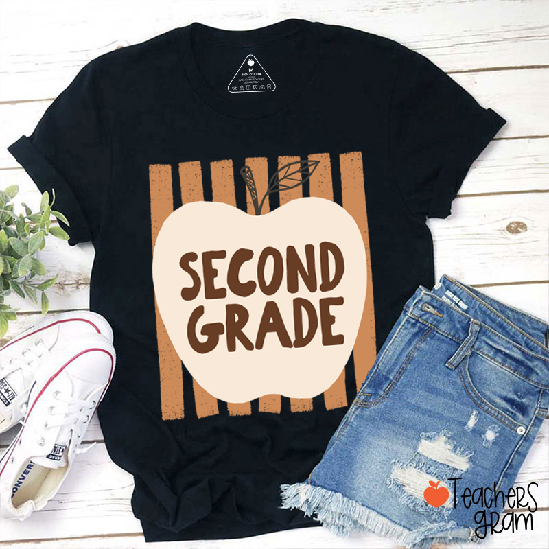 Personalized Grade Heart Apple Vertical Stripe Teacher T-Shirt