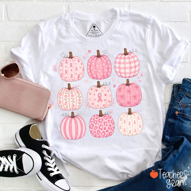 Pink Ribbon Breast Cancer Awareness Grid Pumpkin Teacher T-Shirt