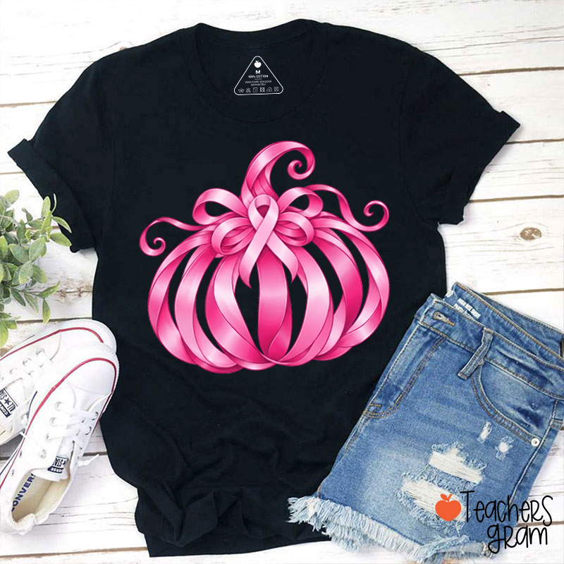 Pink Ribbon Bow Pumpkin Fall Teacher T-Shirt
