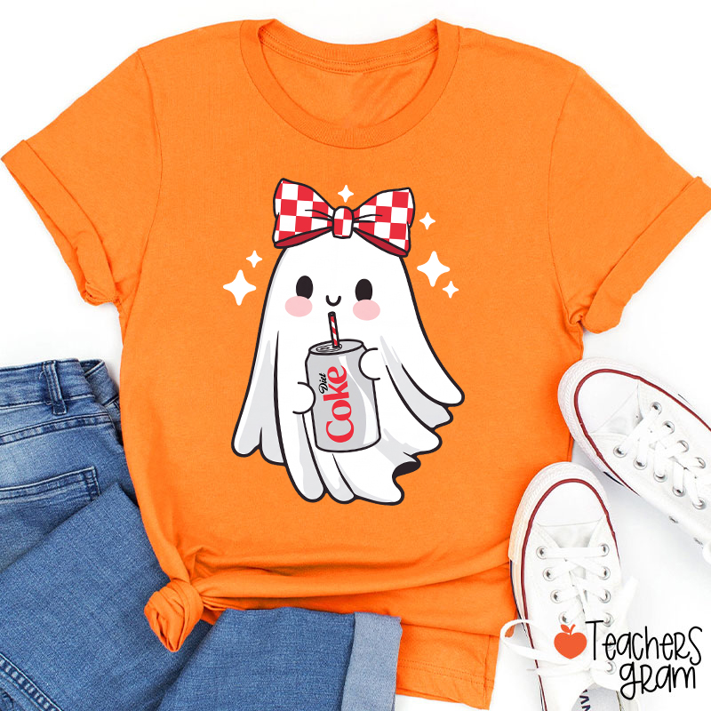 Cute Ghost With Red Checkered Bow Soda Drink Halloween Teacher T-Shirt