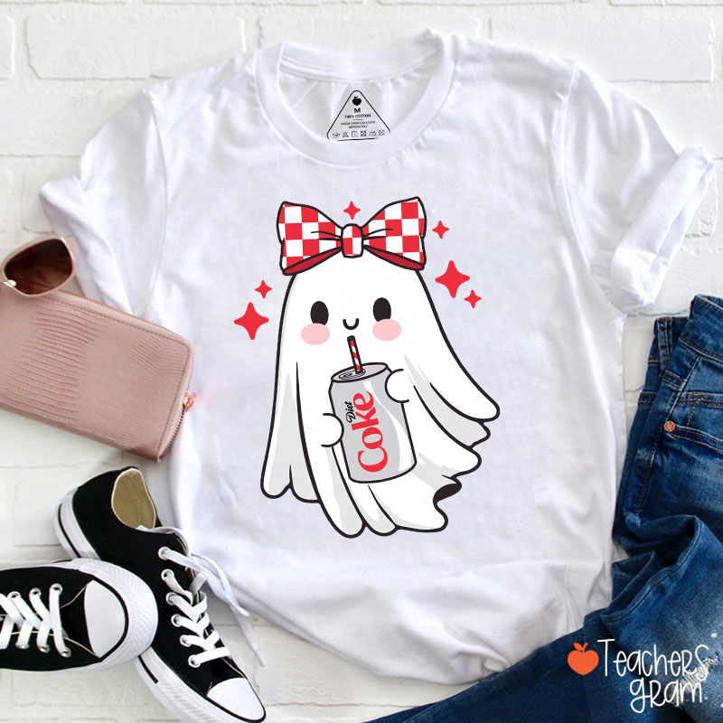 Cute Ghost With Red Checkered Bow Soda Drink Halloween Teacher T-Shirt