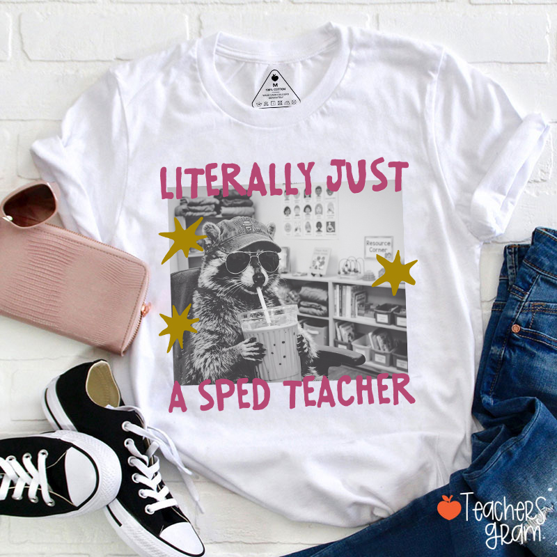 Literally Just A SPED Teacher Raccoon Bubble Tea Teacher T-Shirt