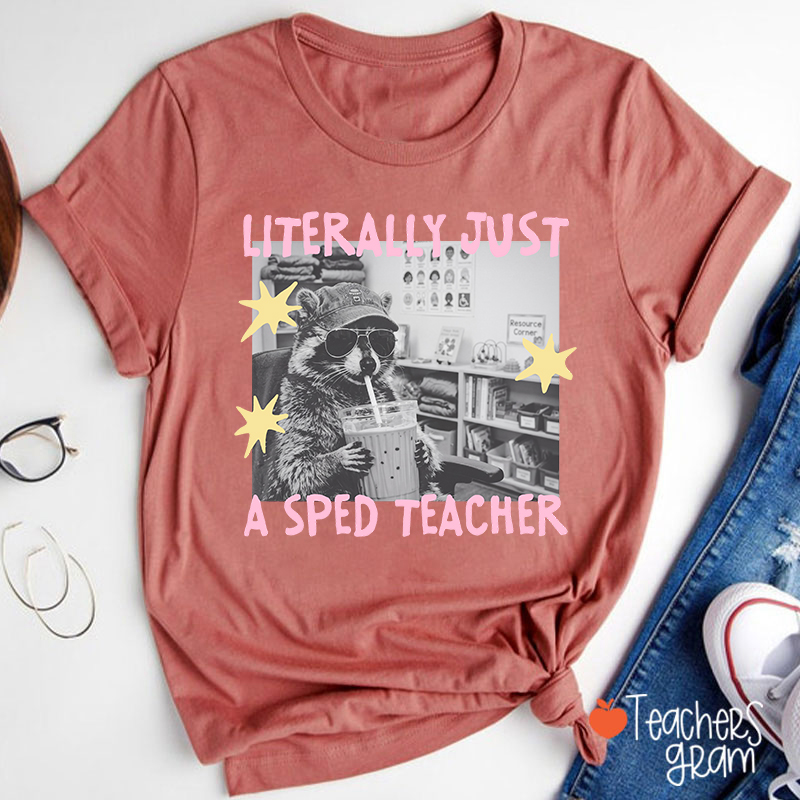 Literally Just A SPED Teacher Raccoon Bubble Tea Teacher T-Shirt