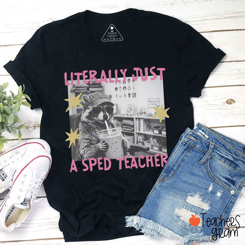 Literally Just A SPED Teacher Raccoon Bubble Tea Teacher T-Shirt