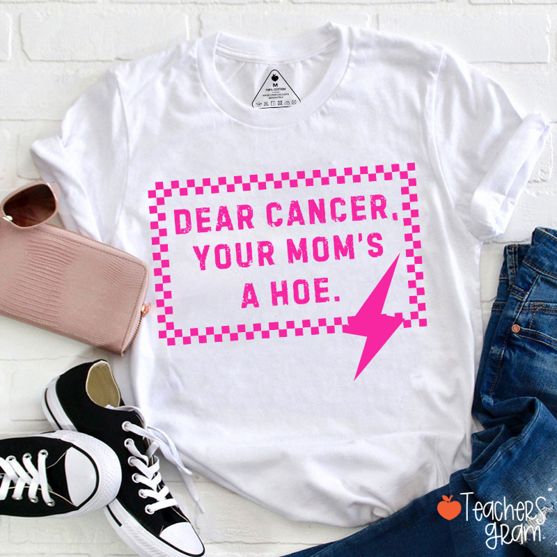 Funny Anti‑Cancer Quote Pink Checker Lightning Bolt Teacher T-Shirt
