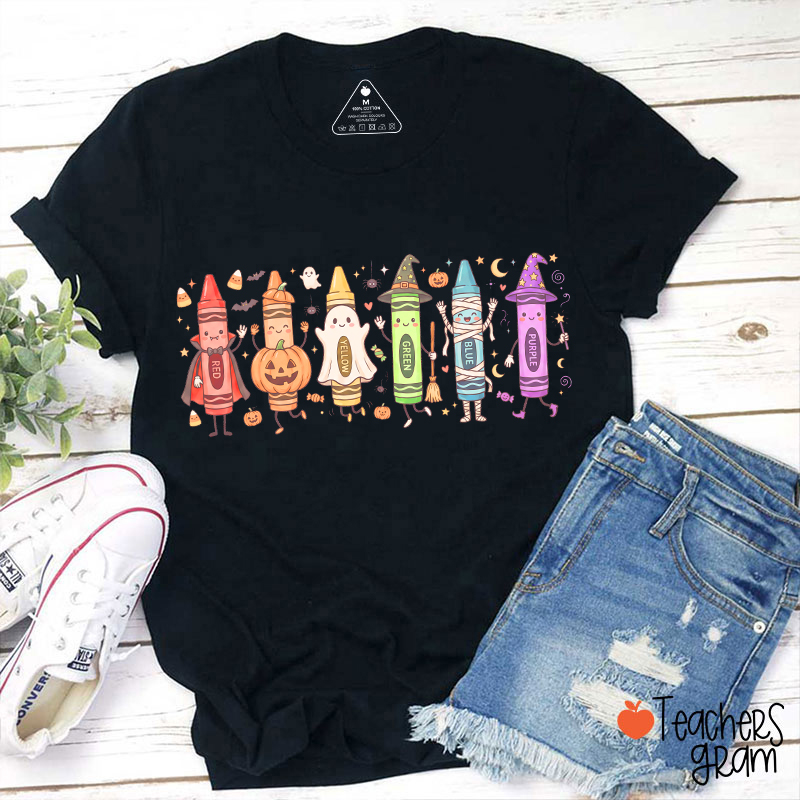Halloween Cartoon Crayons Character Teacher T-Shirt
