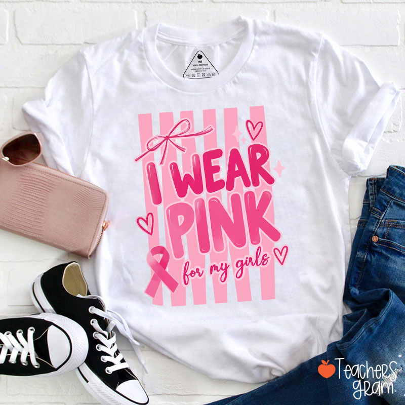 Personalized I Wear Pink For My People Striped Pink Ribbon Teacher T-Shirt-Teachersgram