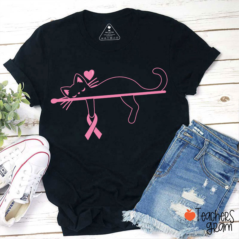 Black Cat With Pink Ribbon Awareness Teacher T-Shirt