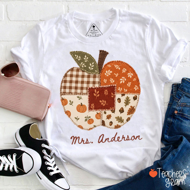 Personalized Name Faux Patchwork Punkpkin Teacher T-Shirt