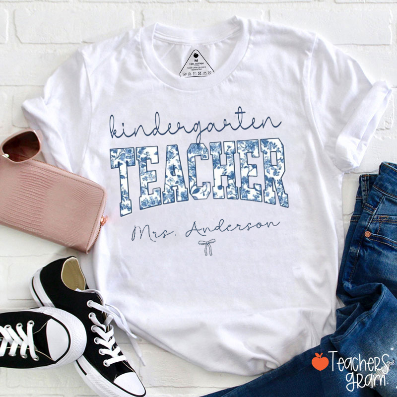 Personalized Grade And Name Blue And White Porcelain Teacher T-Shirt