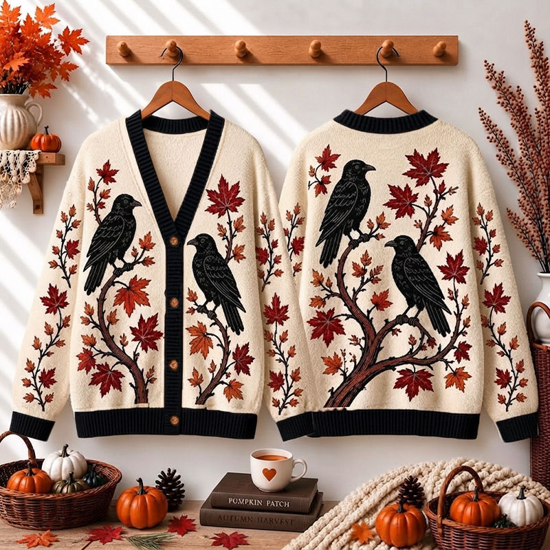 Autumn Raven Maple Leaf Teacher Ugly Cardigan Sweaters