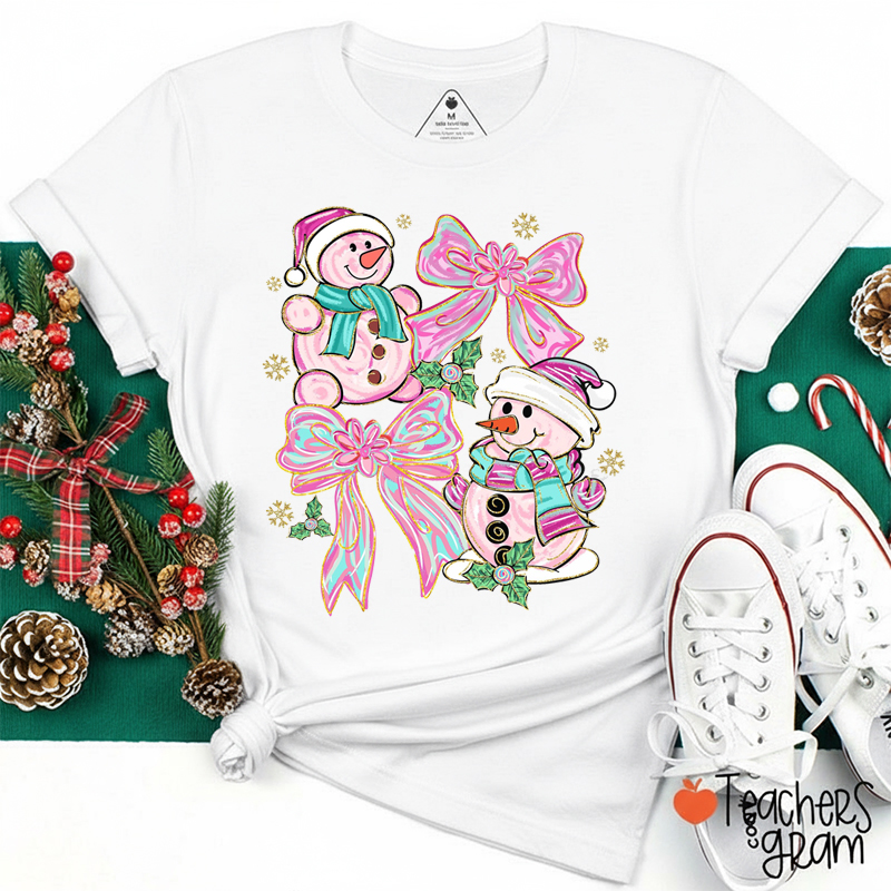 Coquette Bow Snowman Christmas Teacher T-Shirt