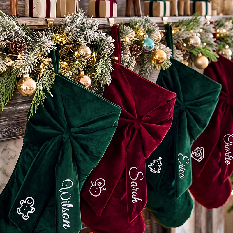 Personalized Embroidered Coquette Bow Velvet Teacher Christmas Stocking