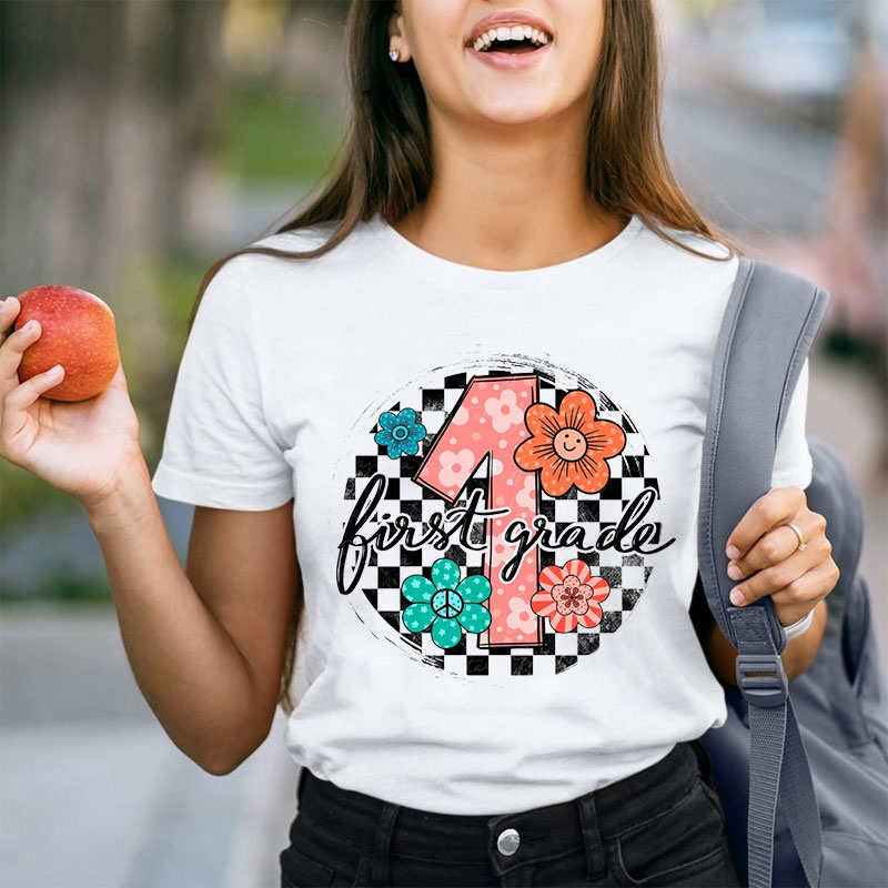Personalized Your Grade Checkerboard Flowers Teacher T-Shirt
