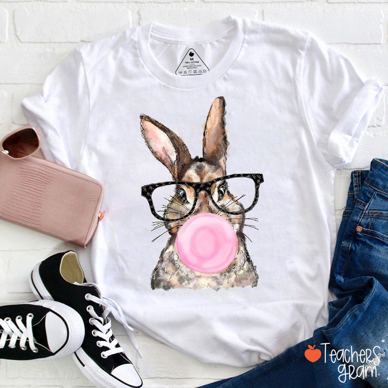 Bunny With Leopard Glasses Teacher T-Shirt