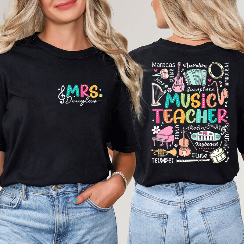 Personalized Music Teacher's Name Cute Musical Instrument Icons Teacher Two Sided T-Shirt