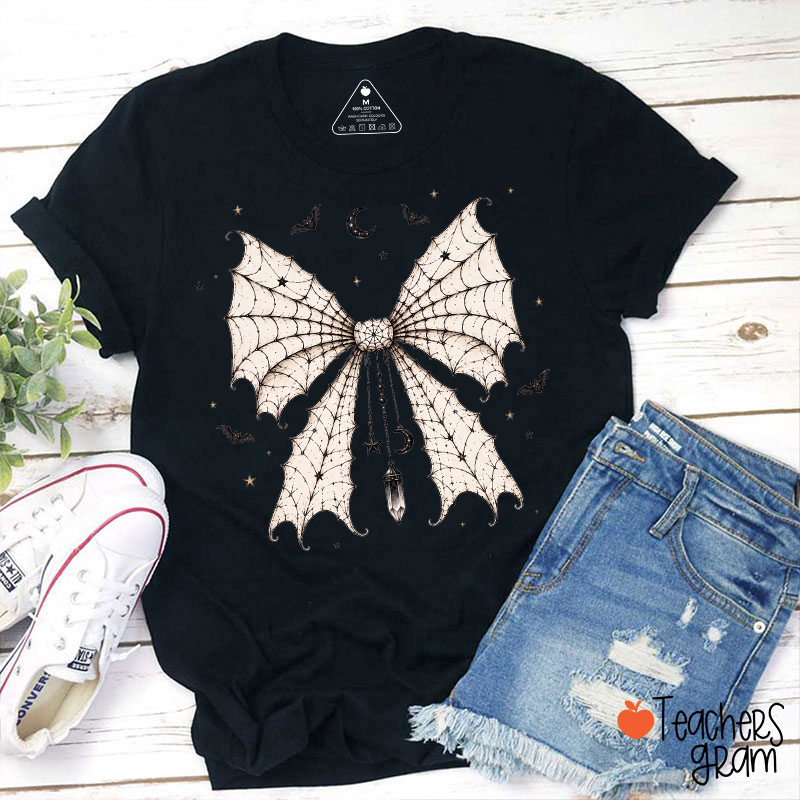Halloween Spider Web Bat Wing Bow Teacher T‑Shirt