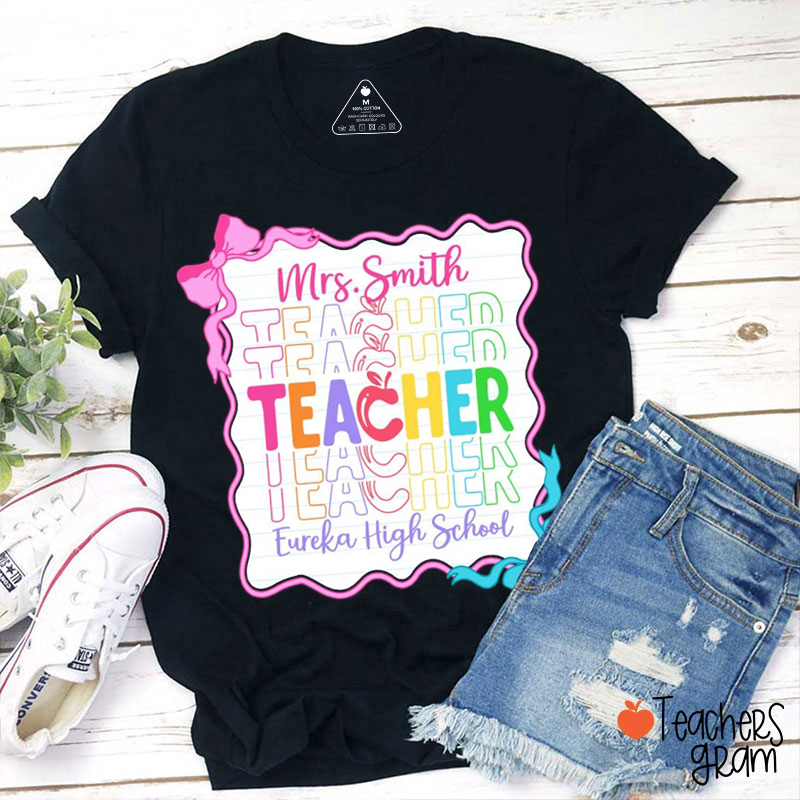 Personalized Text Pink Bow Teacher T-Shirt