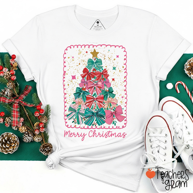 Preppy Bow Christmas Tree Teacher T-Shirt