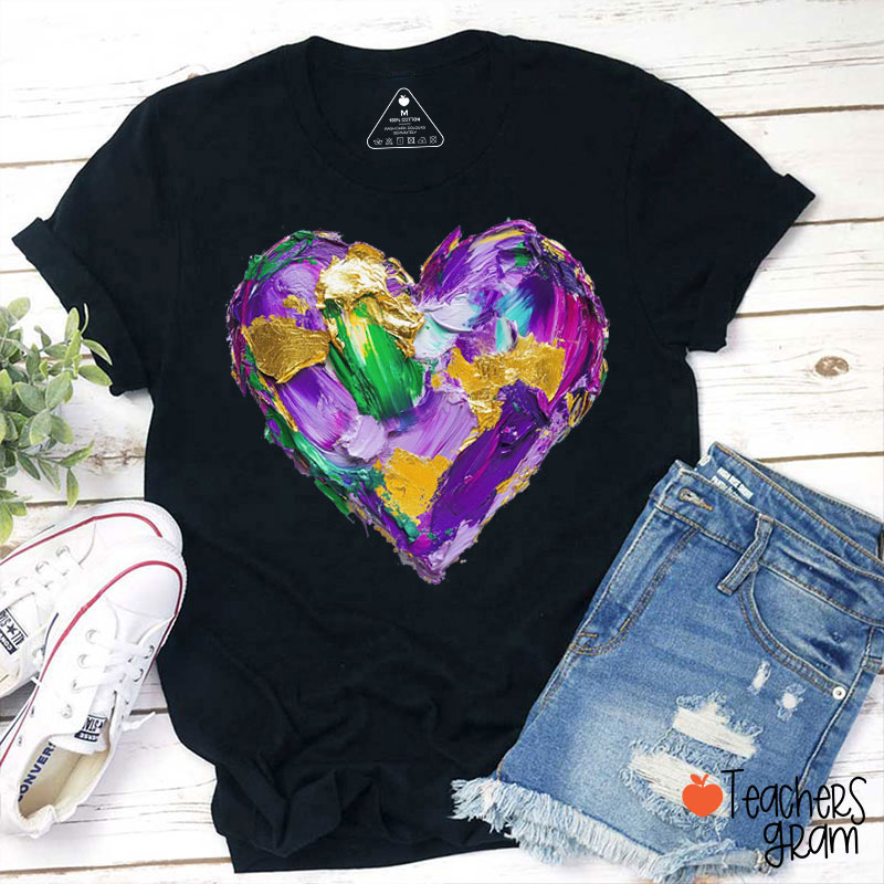 Mardi Gras Oil Painting Heart Teacher T-Shirt